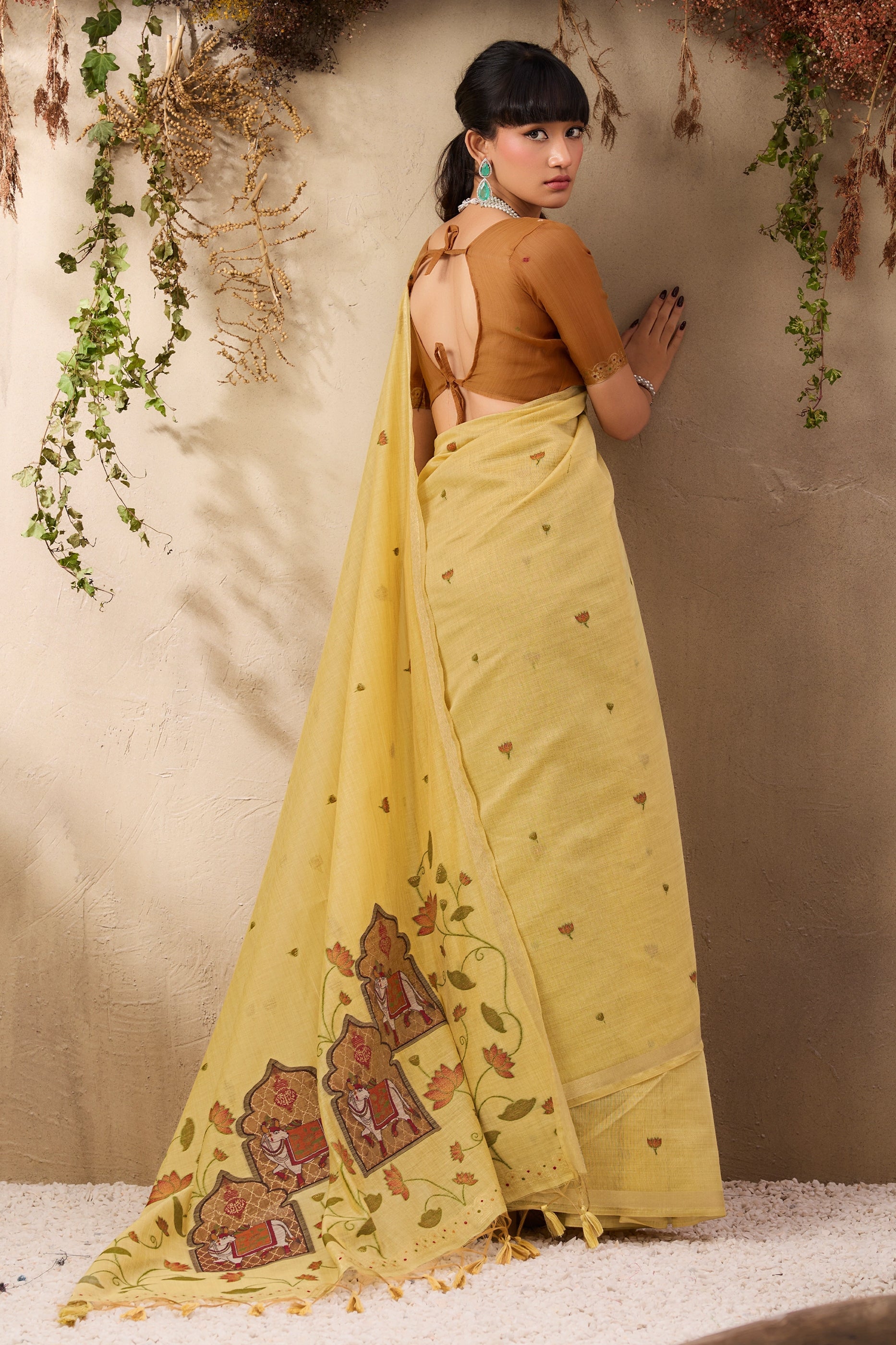 Pale Yellow Woven Munga Cotton Saree-SAR11215_3_SareeButa.com