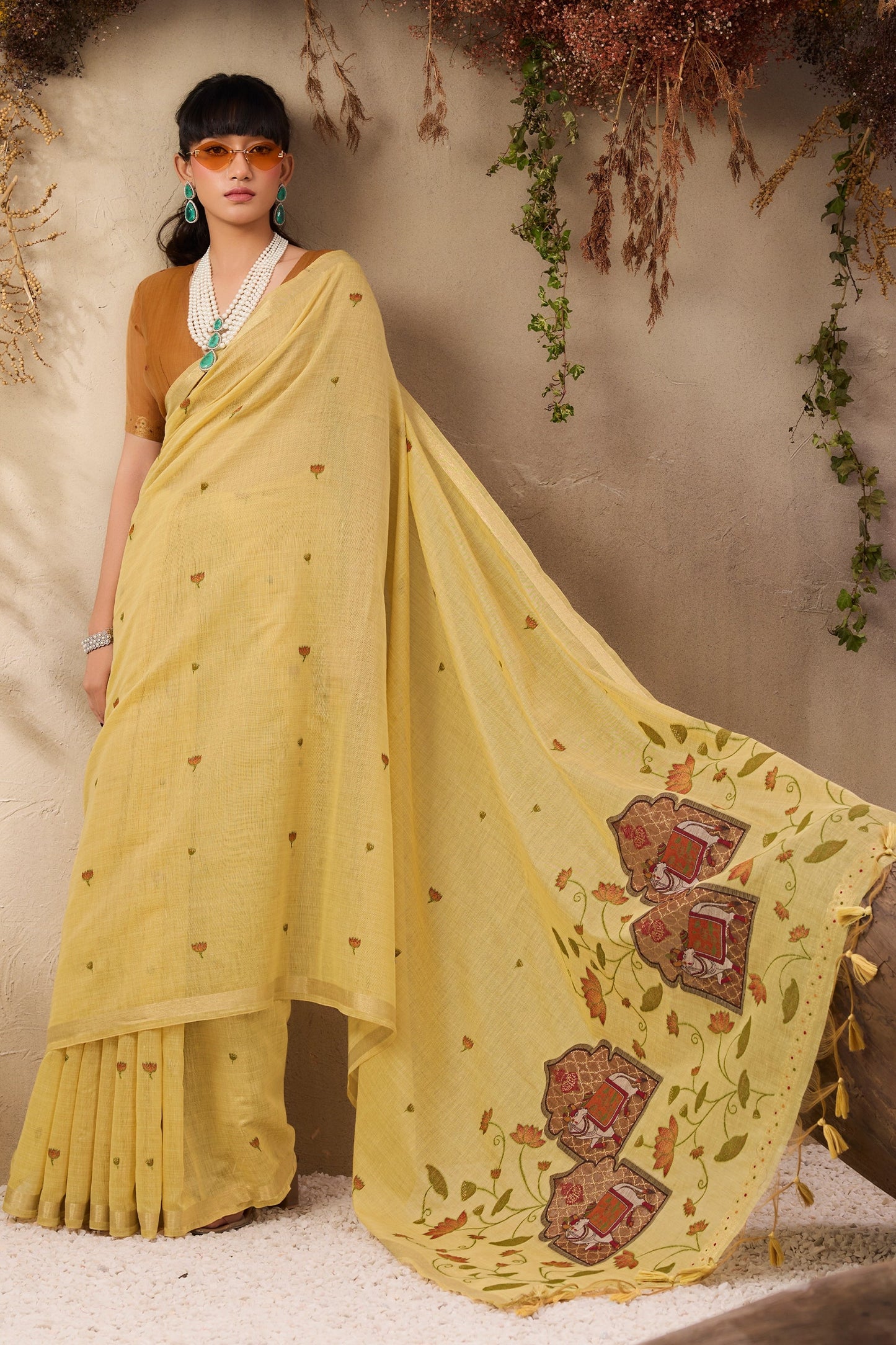 Pale Yellow Woven Munga Cotton Saree-SAR11215_4_SareeButa.com