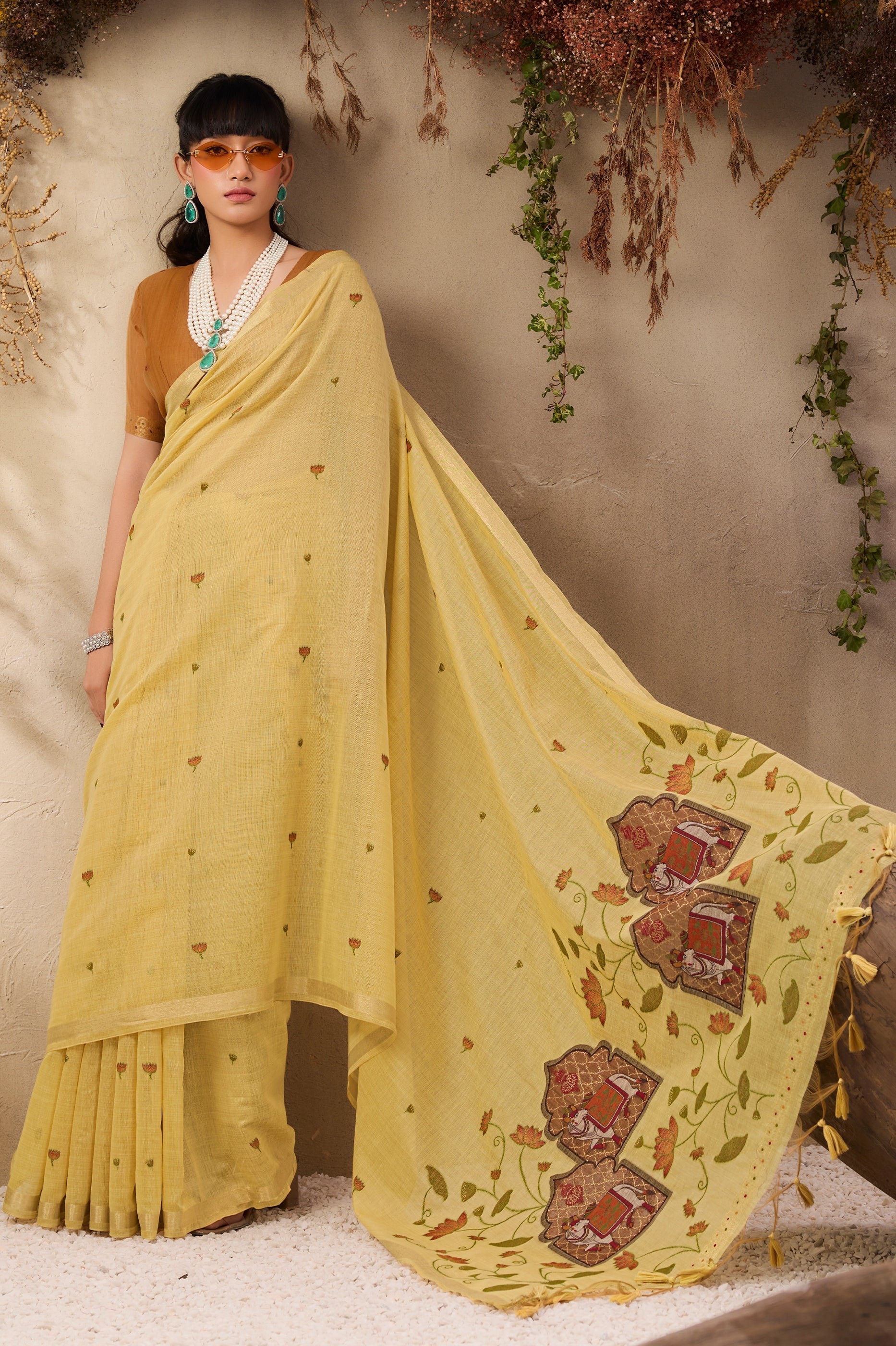 Pale Yellow Woven Munga Cotton Saree-SAR11215_4_SareeButa.com
