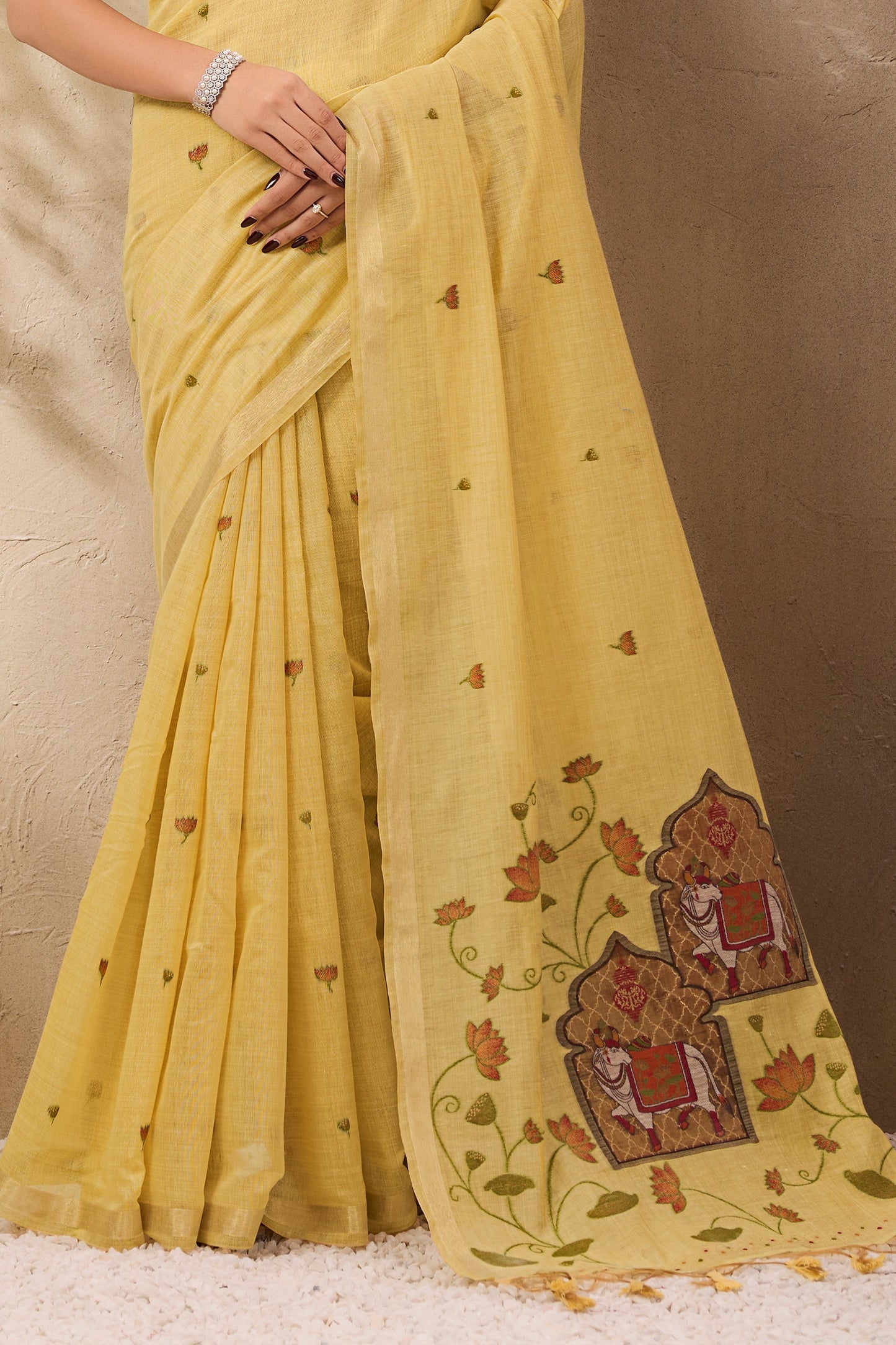 Pale Yellow Woven Munga Cotton Saree-SAR11215_5_SareeButa.com