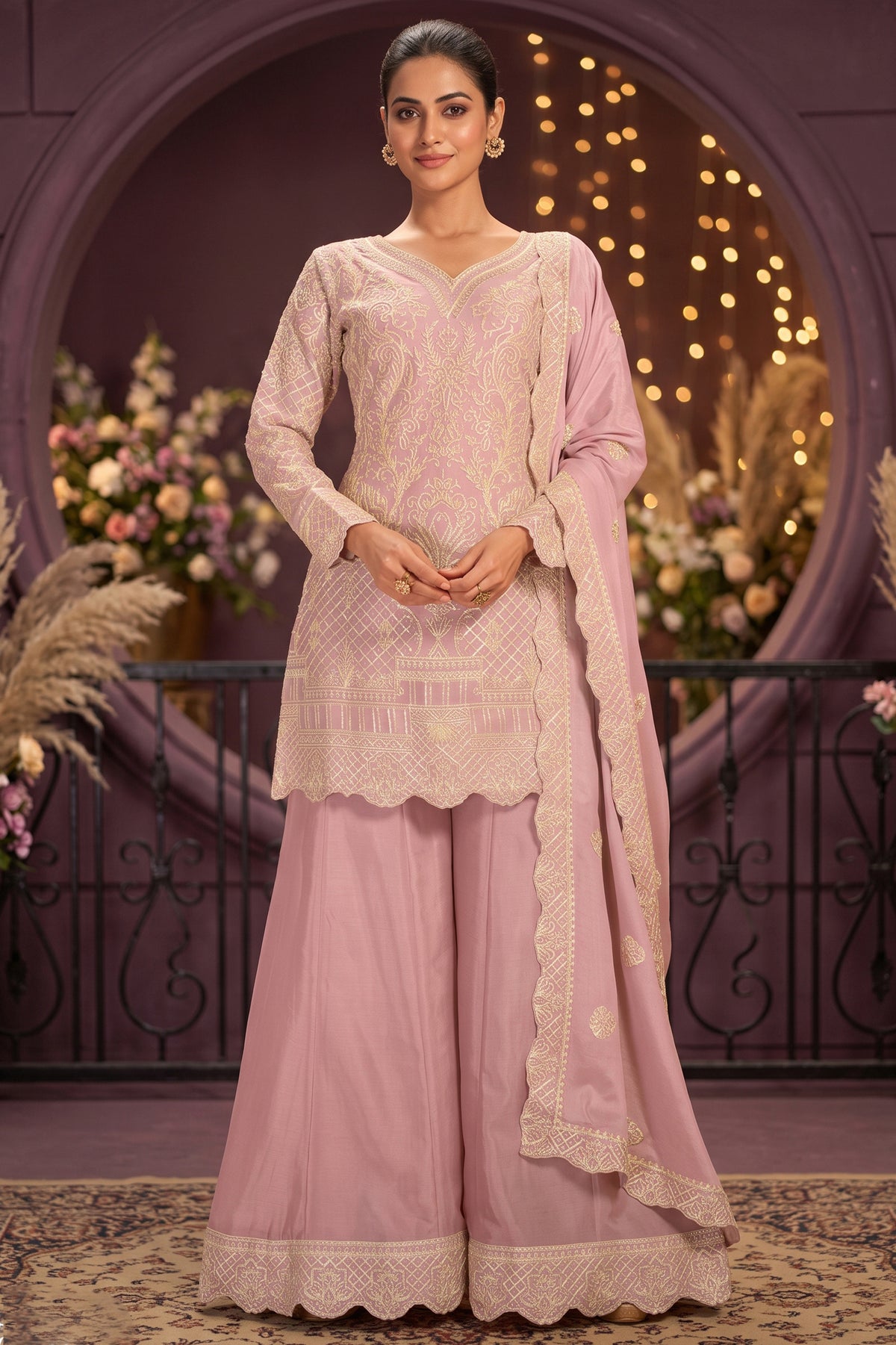 Pastel Pink Readymade Embroidered Chinon Palazzo Suit-SAR13357_1_SareeButa.com
