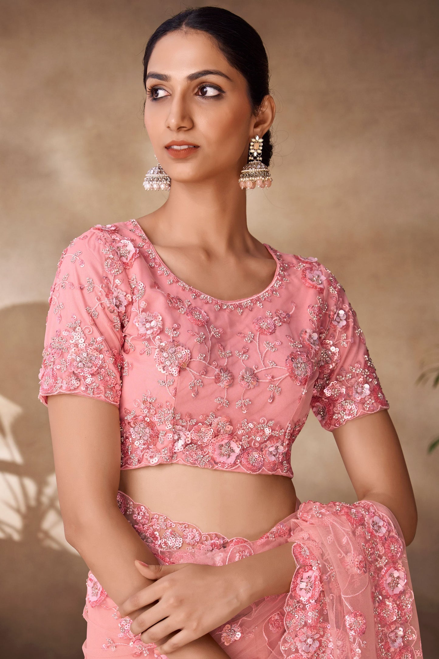 Peach Embroidered Net Saree-ZB131838_3