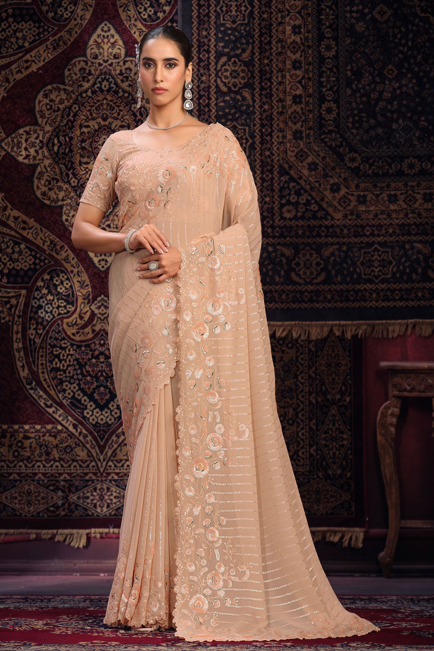 Peach Georgette Sequin Saree-ZB131769_1