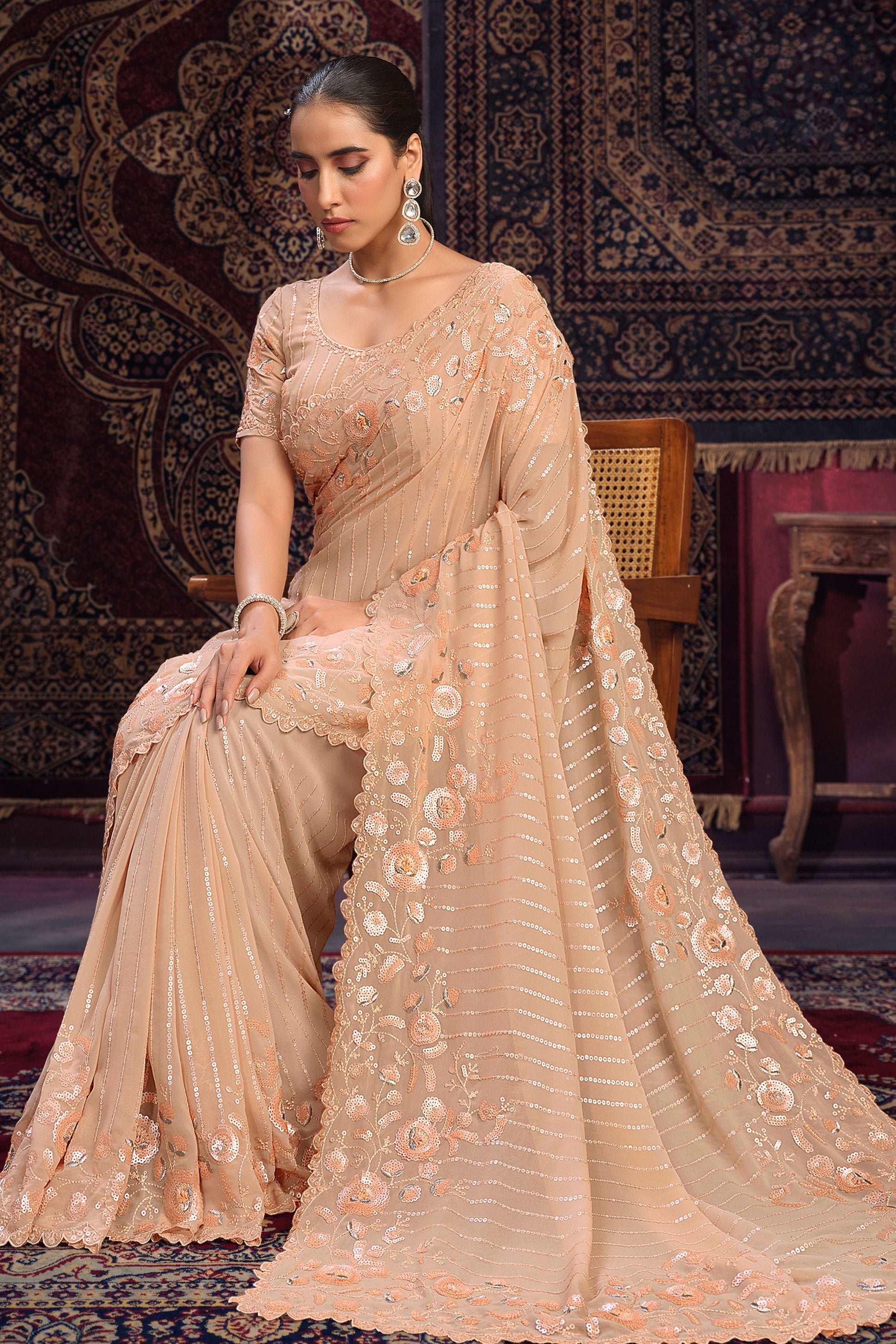 Peach Georgette Sequin Saree-ZB131769_3