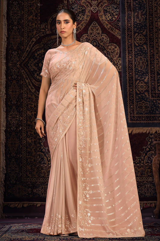 Peach Georgette Sequin Saree-ZB131779_1