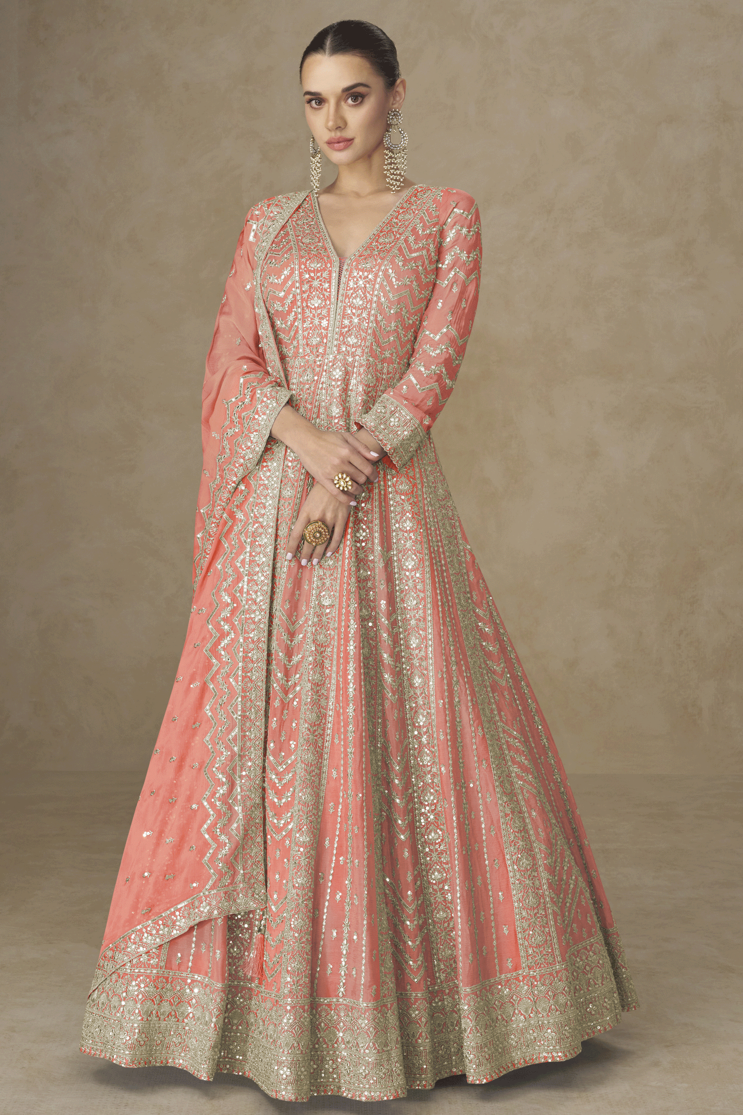 Peach Readymade Chinon Silk Gown with Dupatta-SS800_1_SareeButa.com