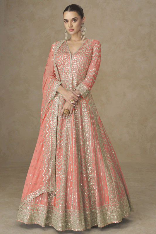 Peach Readymade Chinon Silk Gown with Dupatta-SS800_1_SareeButa.com
