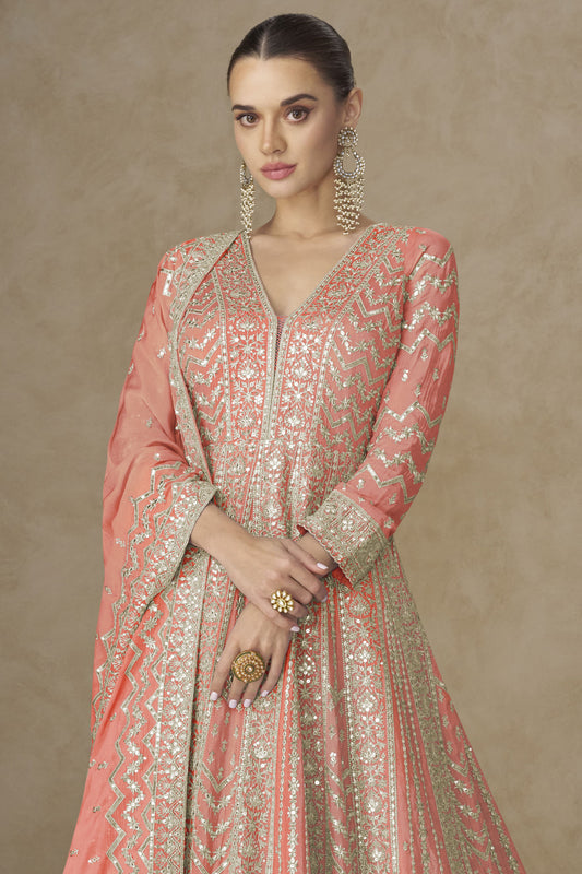 Peach Readymade Chinon Silk Gown with Dupatta