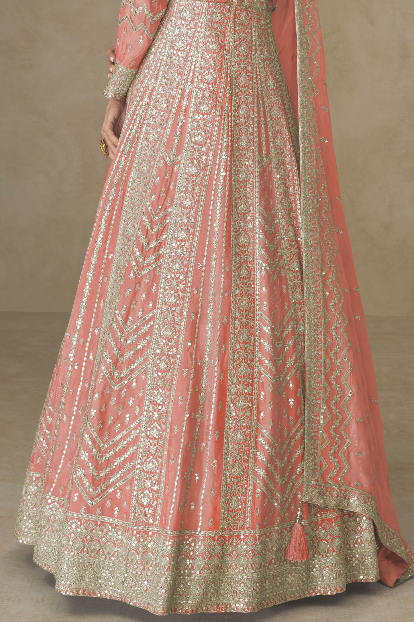 Peach Readymade Chinon Silk Gown with Dupatta