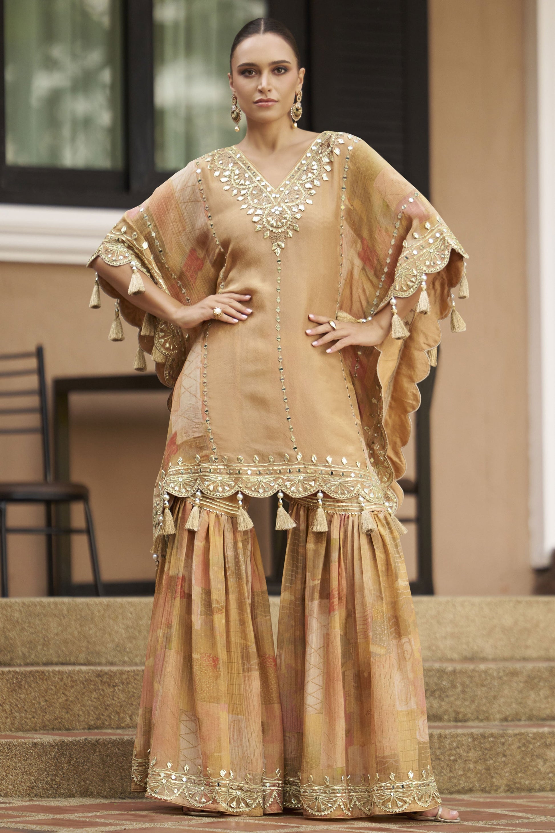 Peach Readymade Embroidered Chinon Kaftan Set-SS907_1_SareeButa.com