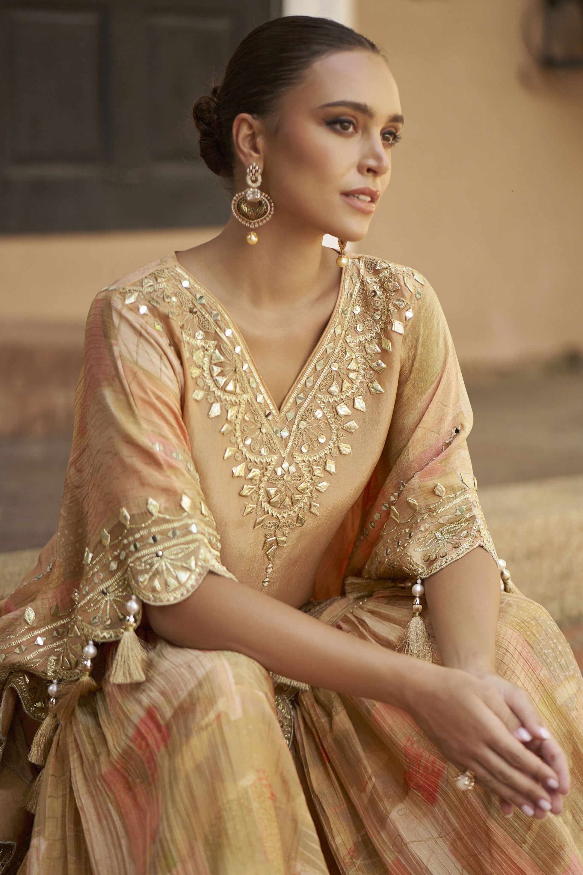 Peach Readymade Embroidered Chinon Kaftan Set-SS907_3_SareeButa.com