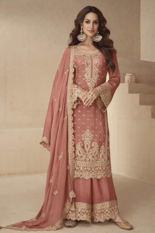 Peach Readymade Embroidered Chinon Palazzo Suit-SS904_1_SareeButa.com
