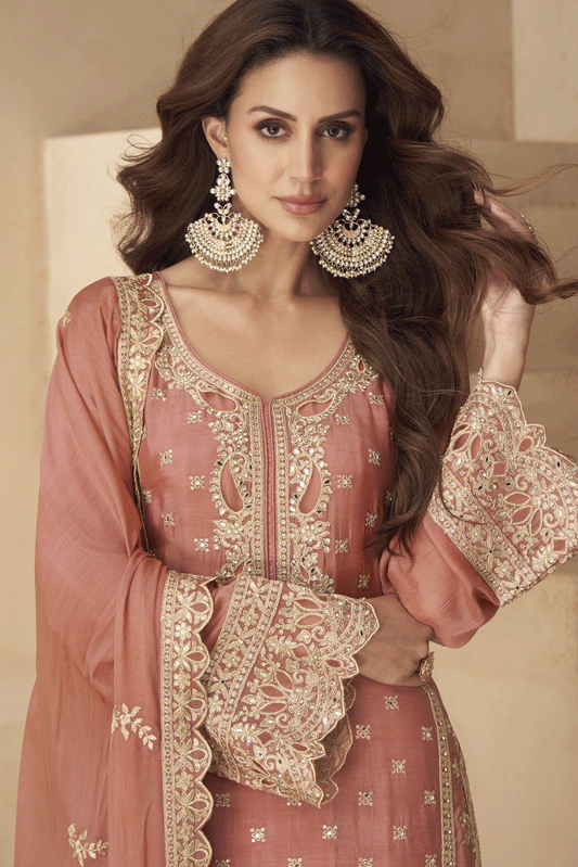 Peach Readymade Embroidered Chinon Palazzo Suit-SS904_2_SareeButa.com