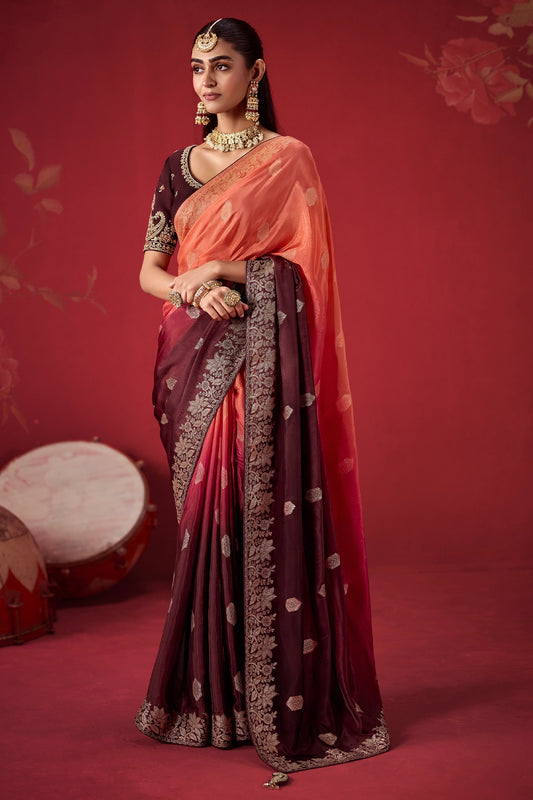 Peach And Wine Woven Dola Crepe Silk Saree-SAR13418_1_SareeButa.com