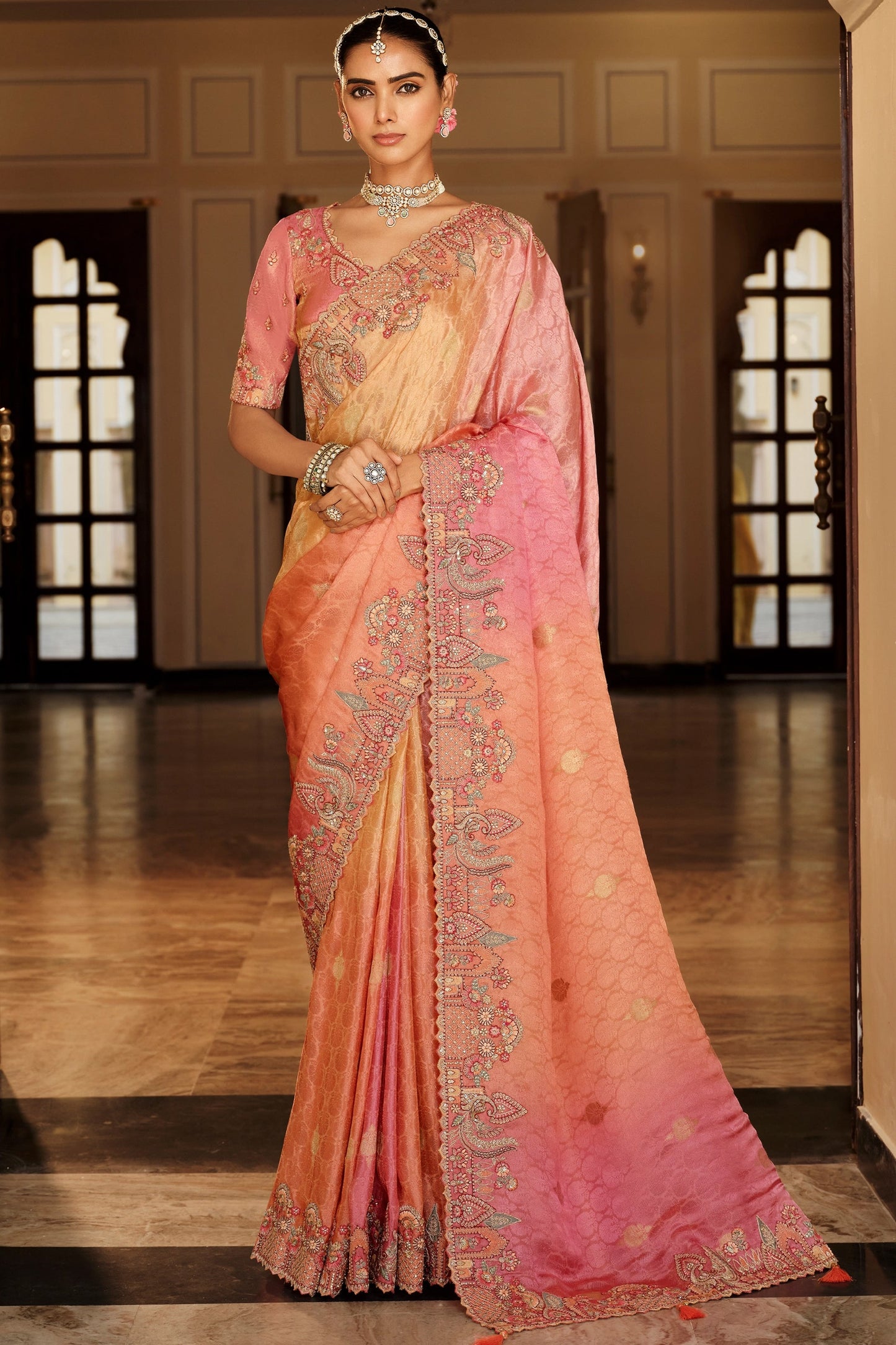 Peach Embroidered Jacquard Viscose Silk Saree-SAR10363_1_SareeButa.com
