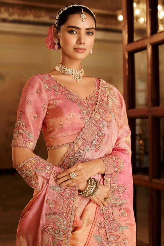 Peach Embroidered Jacquard Viscose Silk Saree-SAR10363_2_SareeButa.com
