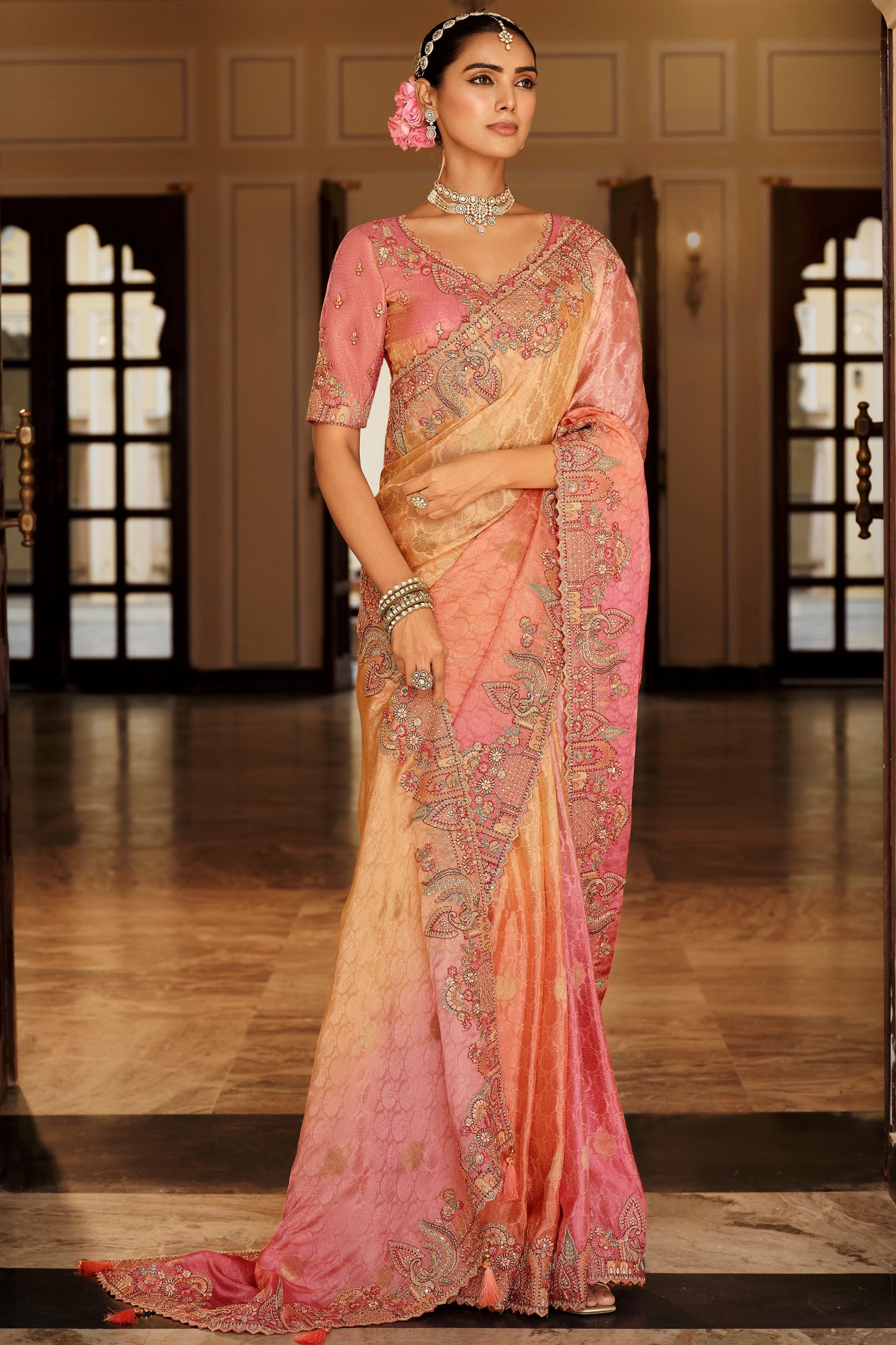 Peach Embroidered Jacquard Viscose Silk Saree-SAR10363_4_SareeButa.com