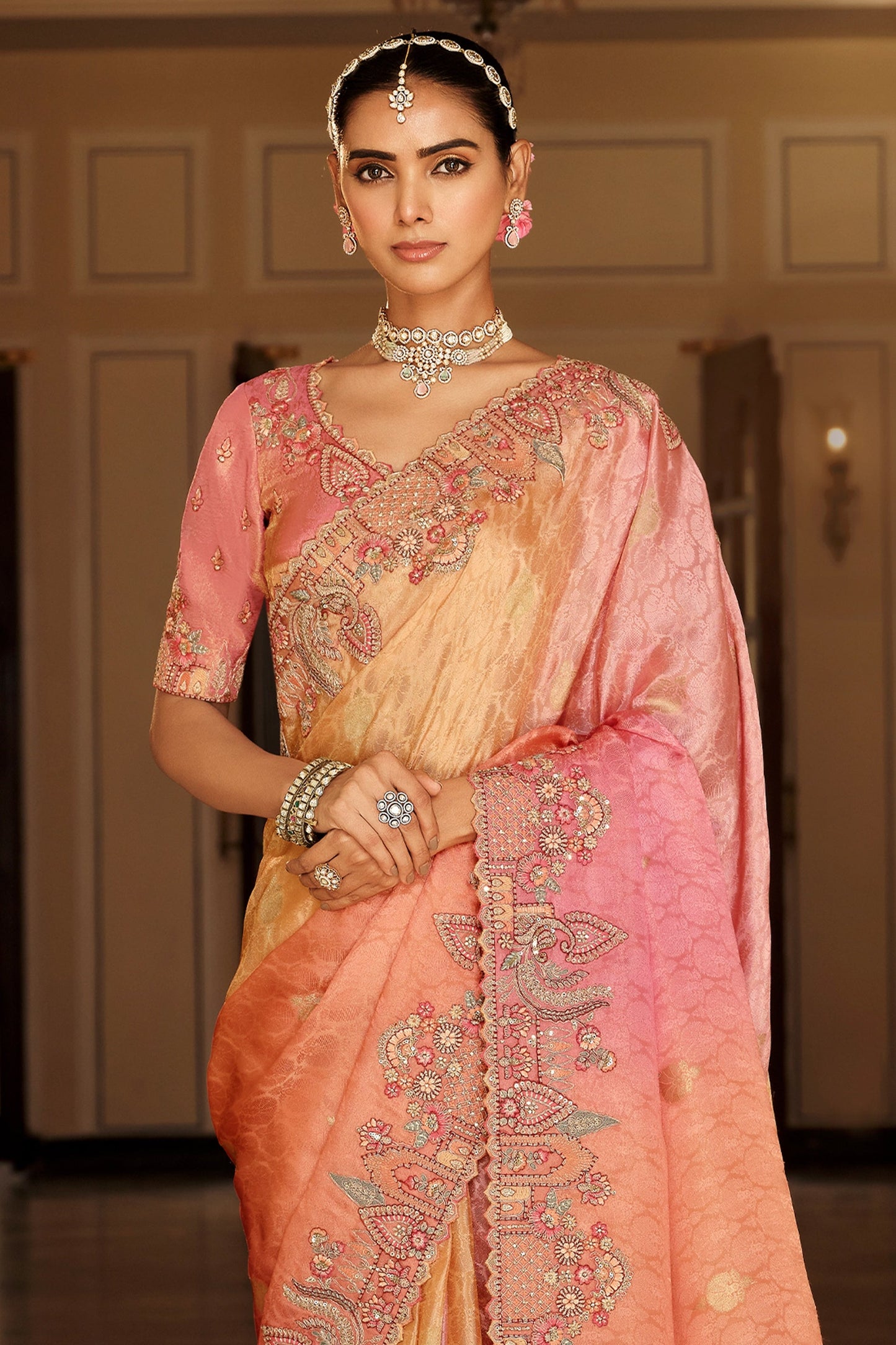 Peach Embroidered Jacquard Viscose Silk Saree-SAR10363_5_SareeButa.com