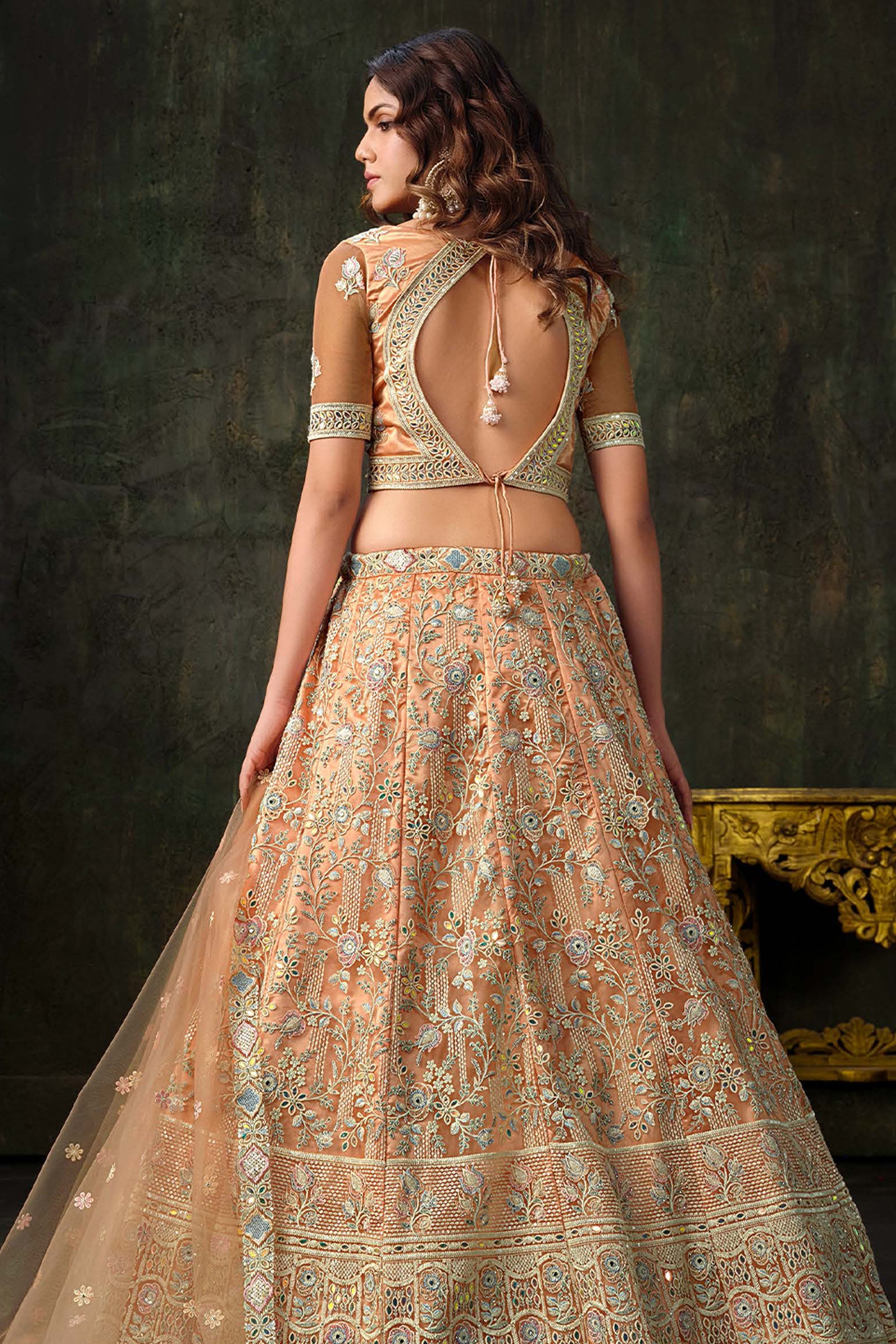 Peach Embroidered Semi-Stitched Net Lehenga-SAR10339_4_SareeButa.com