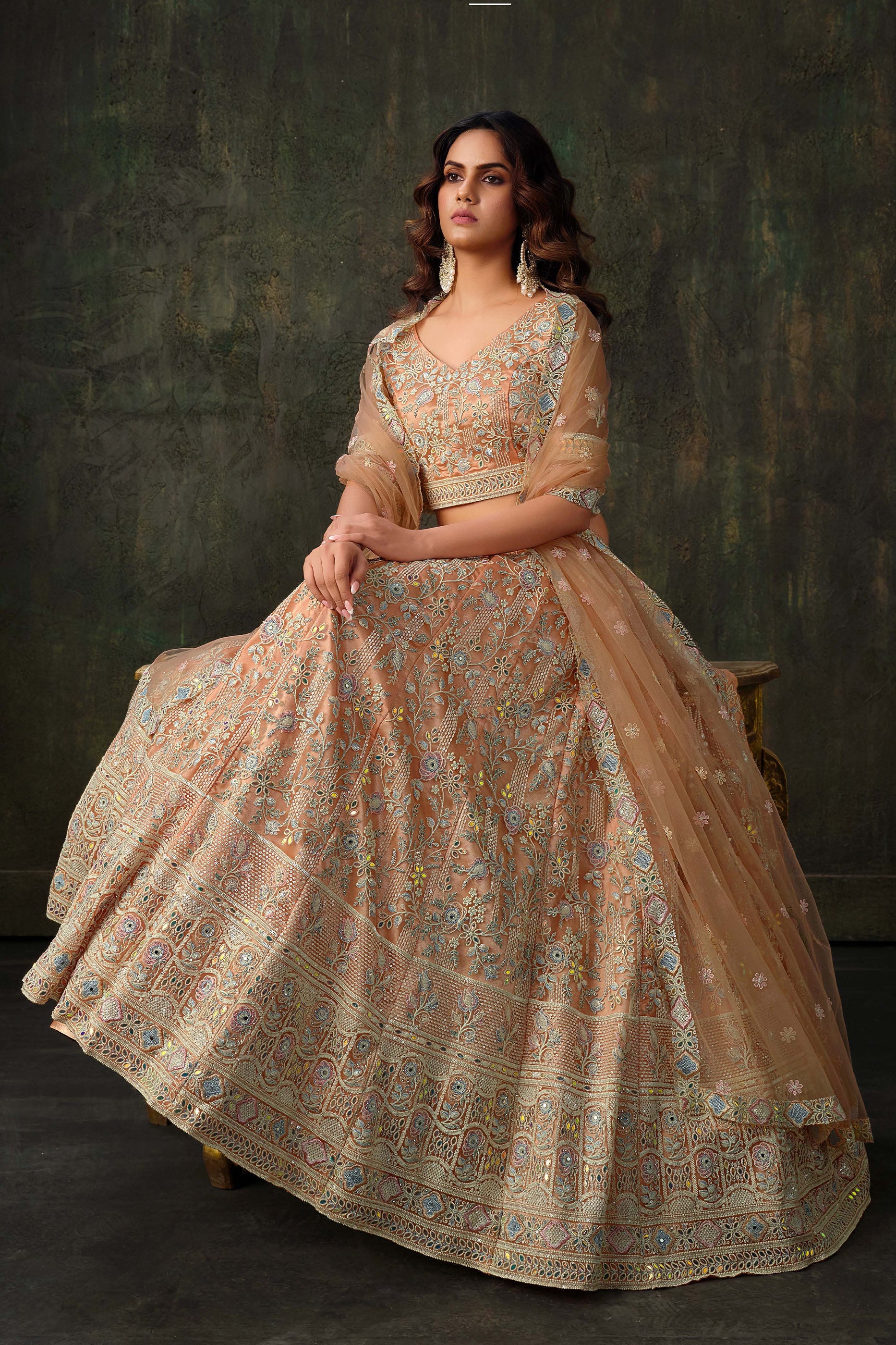 Peach Embroidered Semi-Stitched Net Lehenga-SAR10339_5_SareeButa.com