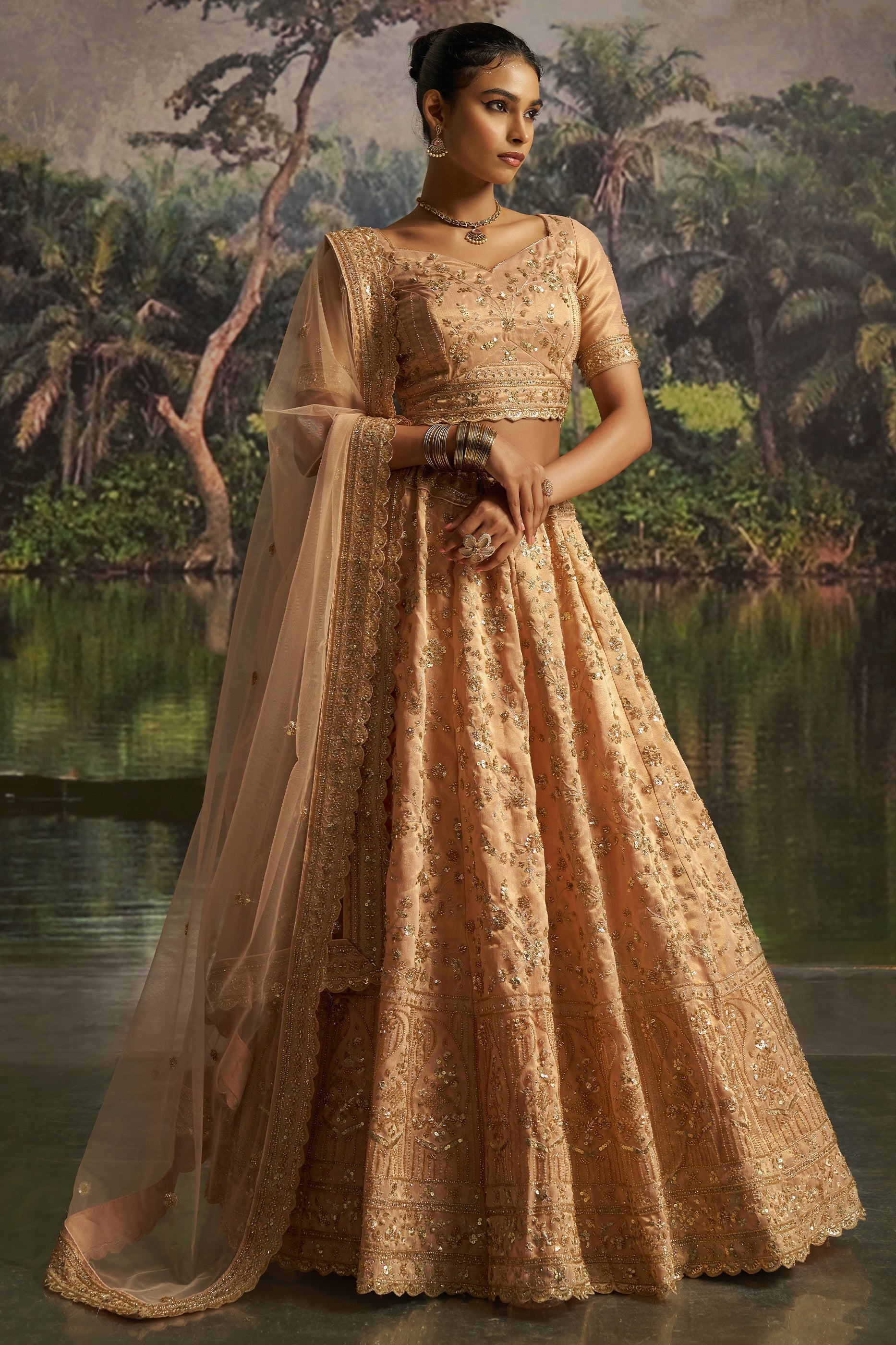 Peach Embroidered Sequinced Semi-Stitched Lehenga-SAR10358_1_SareeButa.com