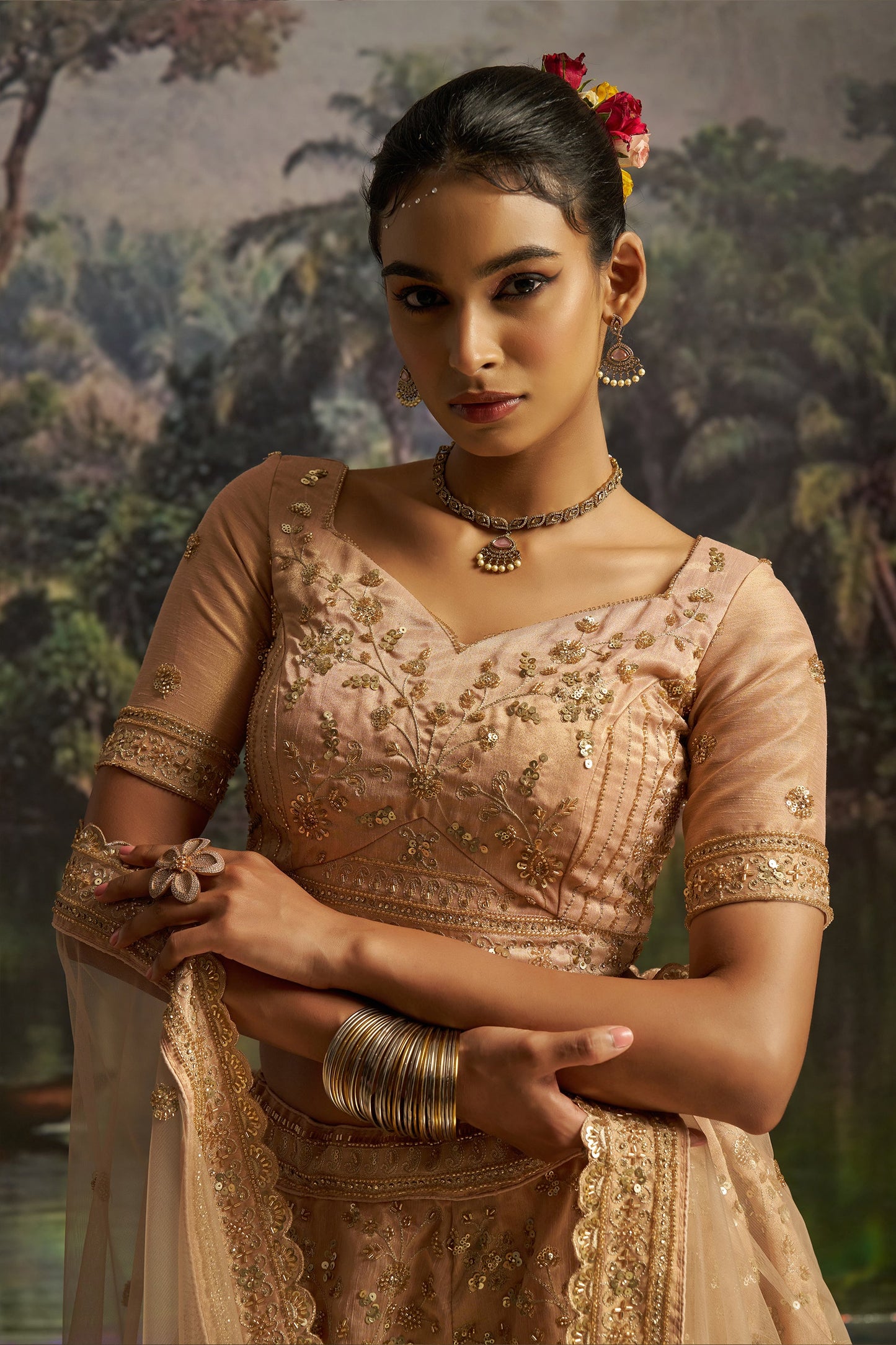 Peach Embroidered Sequinced Semi-Stitched Lehenga-SAR10358_2_SareeButa.com