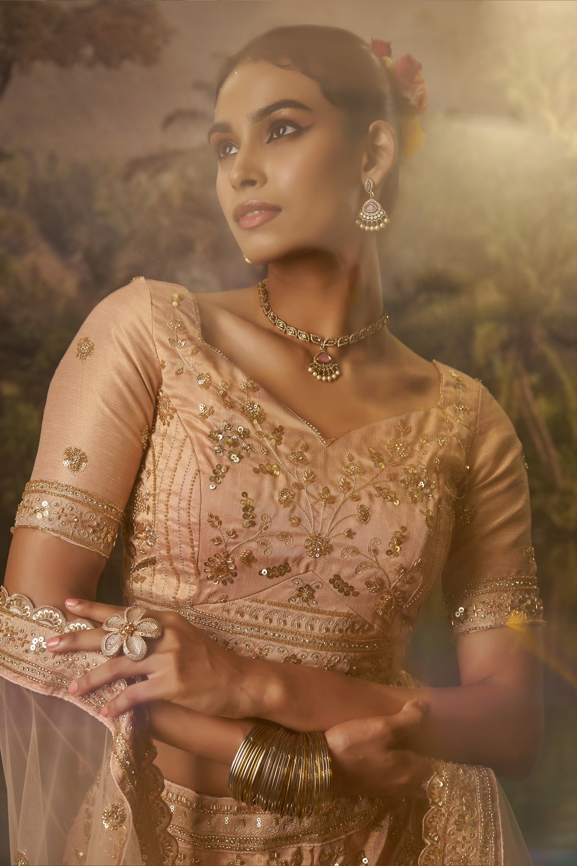 Peach Embroidered Sequinced Semi-Stitched Lehenga-SAR10358_3_SareeButa.com