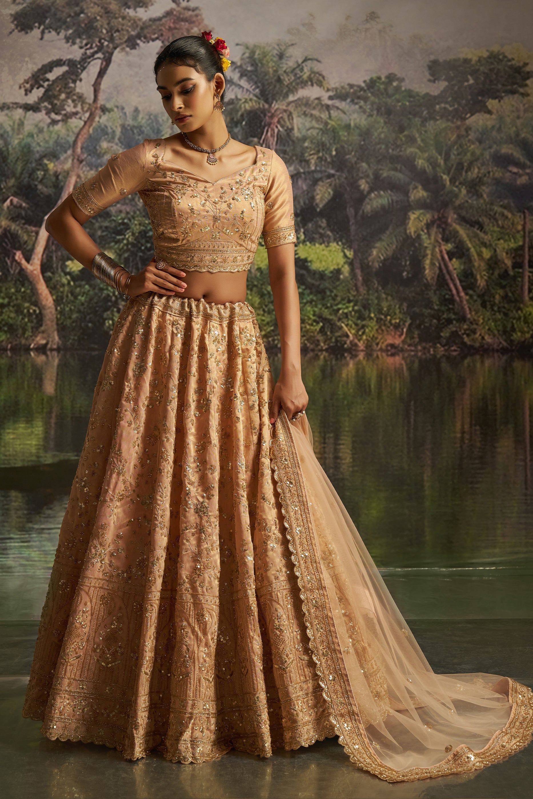 Peach Embroidered Sequinced Semi-Stitched Lehenga-SAR10358_4_SareeButa.com