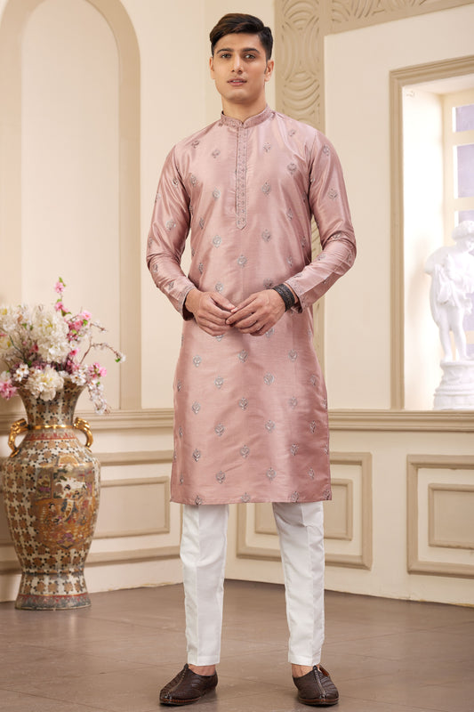 Peach Embroidered Silk Kurta Pajama-MW21_1_SareeButa.com