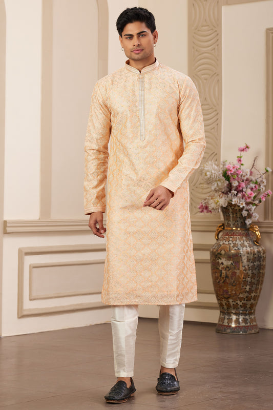 Peach Embroidered Silk Kurta Pajama-MW26_1_SareeButa.com
