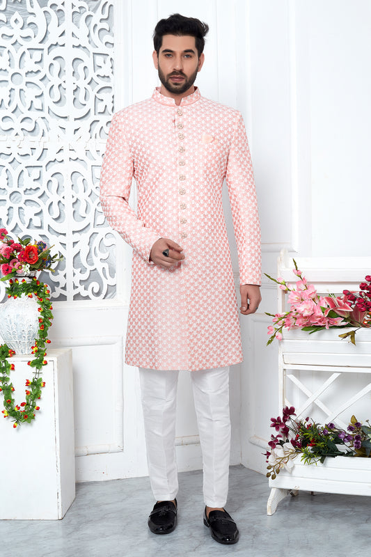 Peach Embroidered Silk Kurta Pajama-SAR11428_1_SareeButa.com