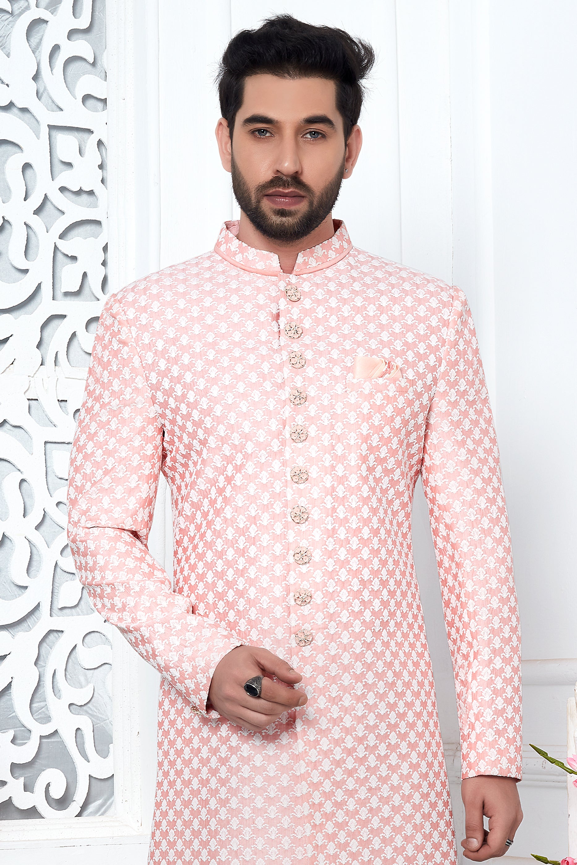 Peach Embroidered Silk Kurta Pajama-SAR11428_4_SareeButa.com