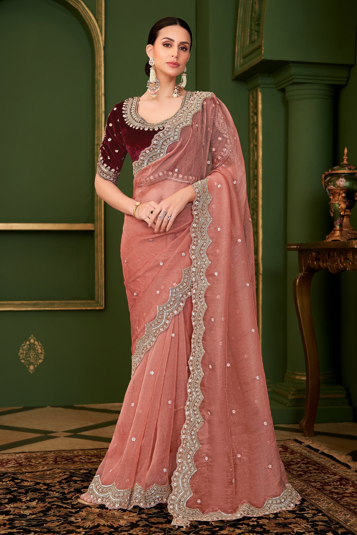 Peach Embroidered Tissue Georgette Saree-SAR10964_1_SareeButa.com