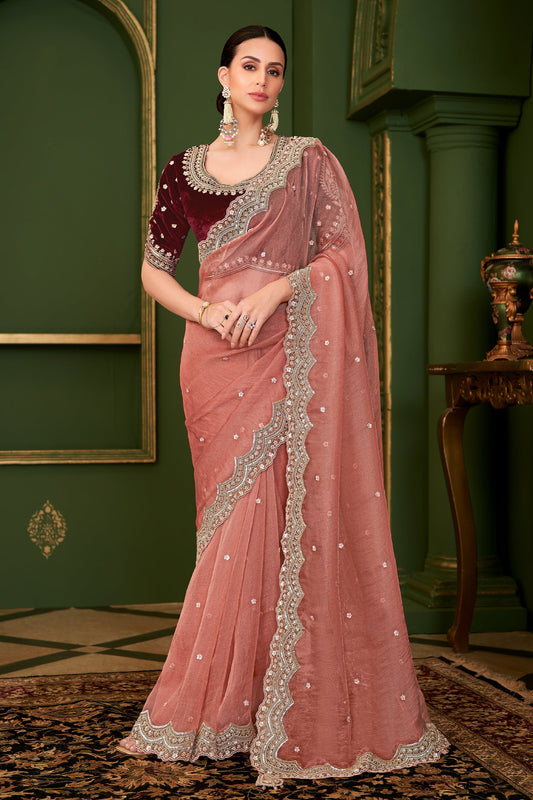 Peach Embroidered Tissue Georgette Saree-SAR10964_1_SareeButa.com