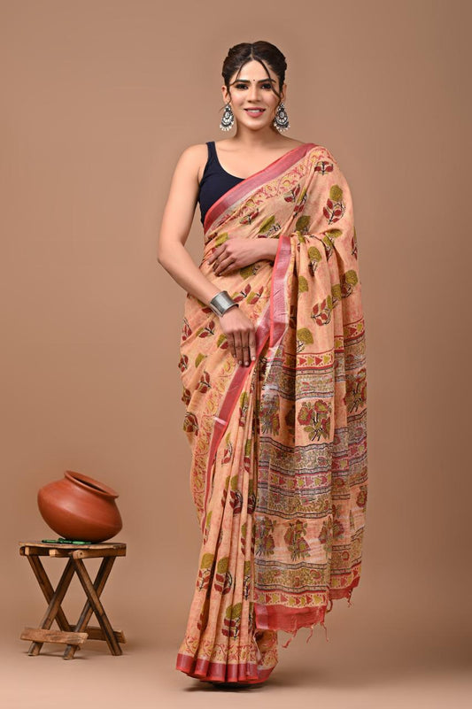peach-handblock-print-cotton-linen-saree-zb132565_1_SareeButa.com