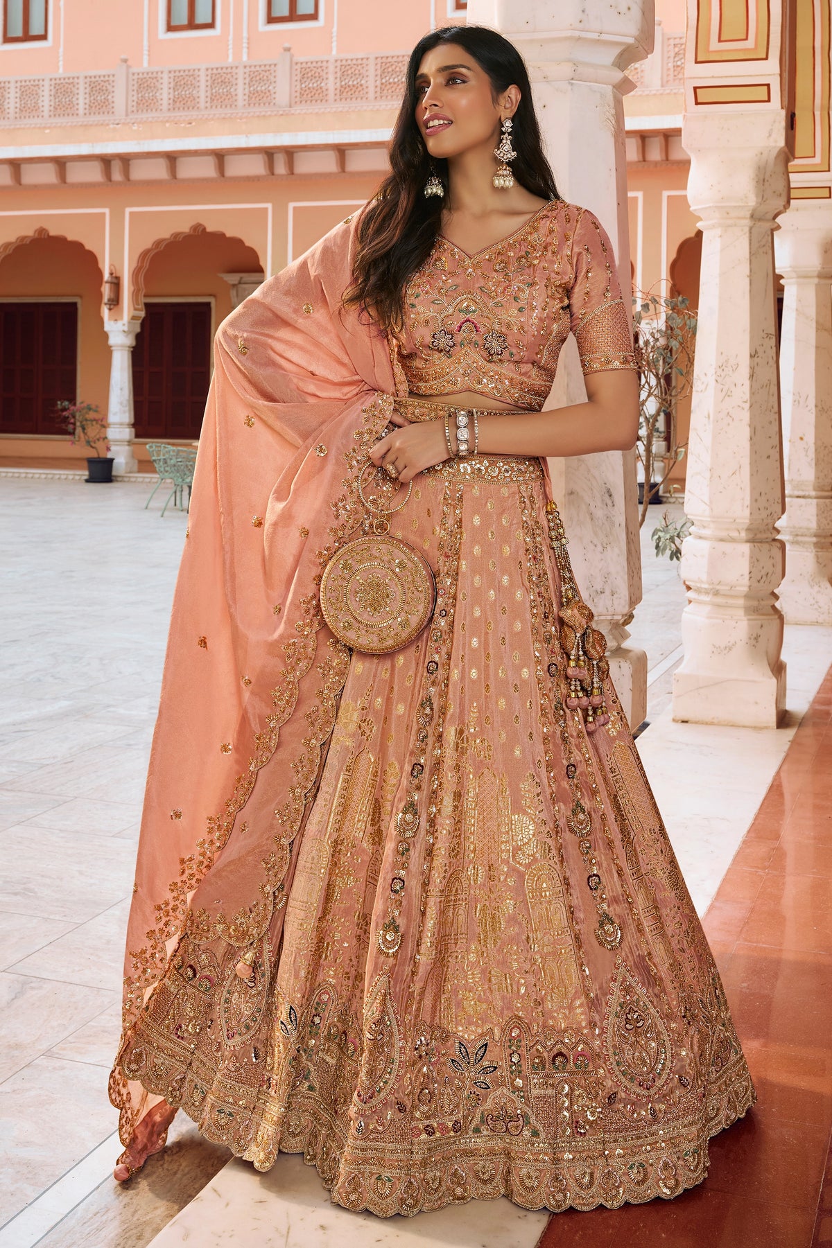 Peach Heavy Work Banarasi Silk Lehenga-SAR13270_1_SareeButa.com