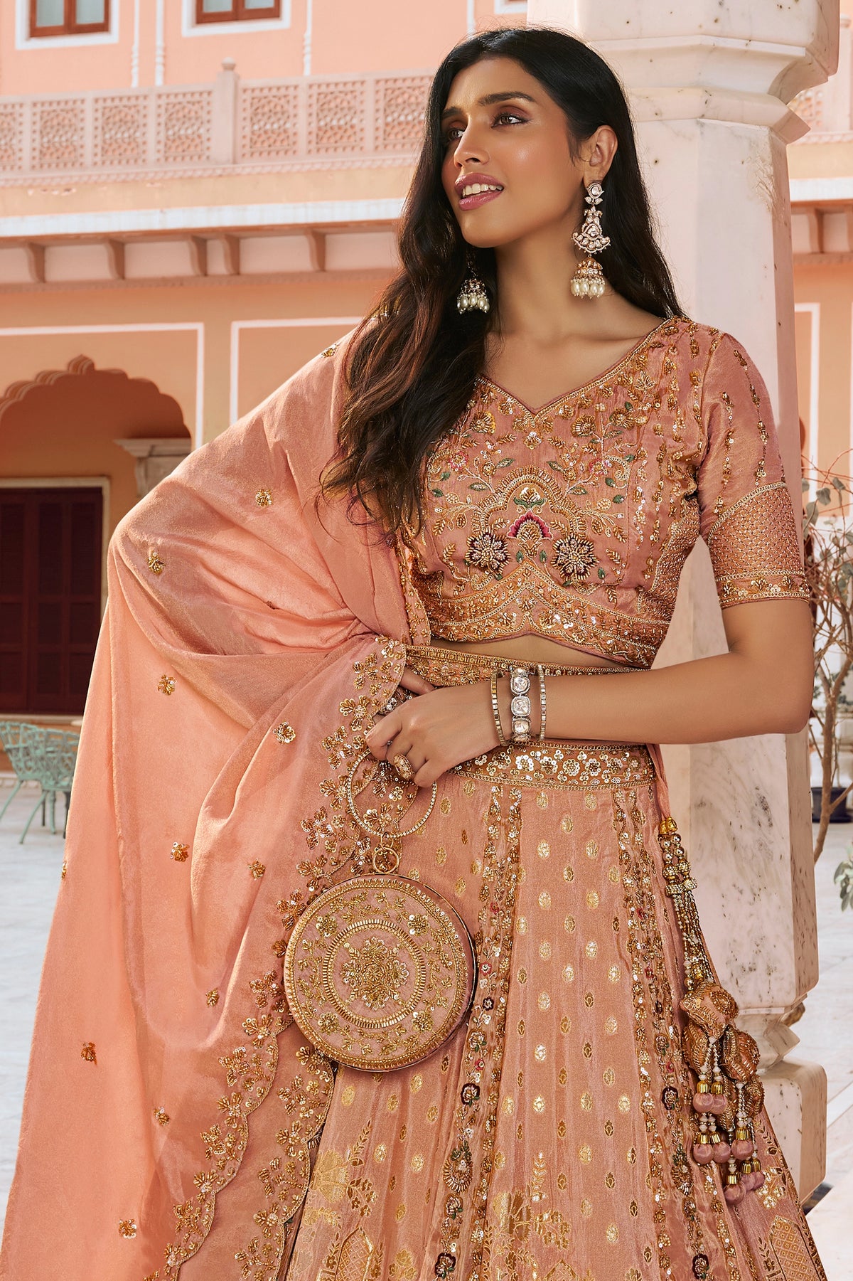 Peach Heavy Work Banarasi Silk Lehenga-SAR13270_5_SareeButa.com