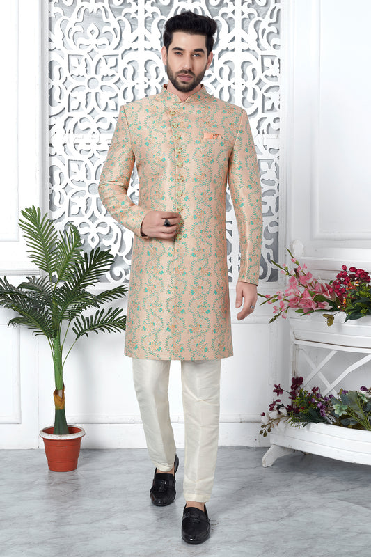 Peach Jacquard Silk Kurta Pajama-SAR11424_1_SareeButa.com