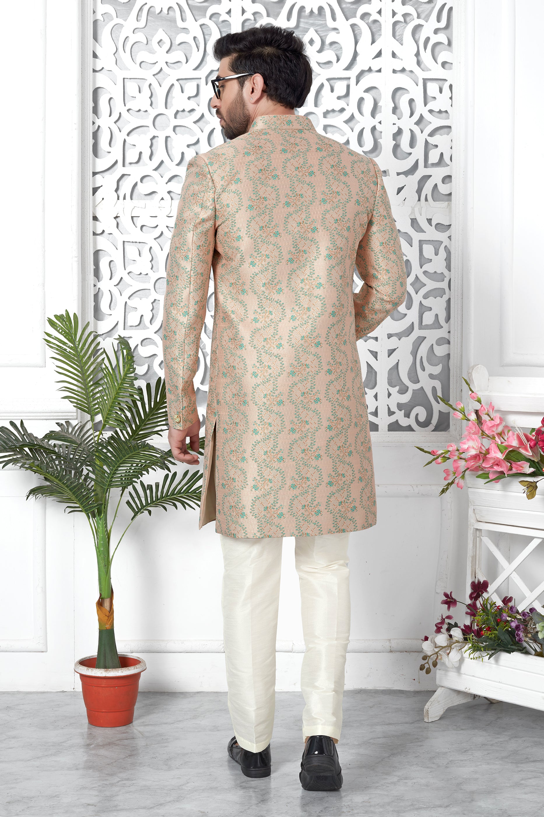 Peach Jacquard Silk Kurta Pajama-SAR11424_2_SareeButa.com