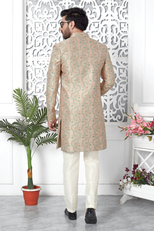 Peach Jacquard Silk Kurta Pajama-SAR11424_2_SareeButa.com