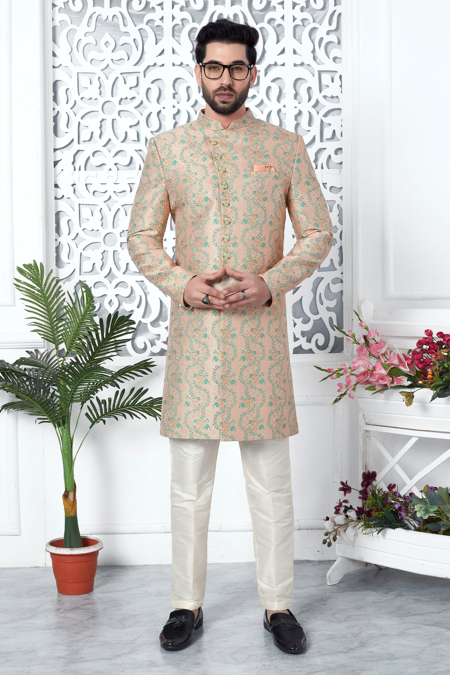 Peach Jacquard Silk Kurta Pajama-SAR11424_3_SareeButa.com