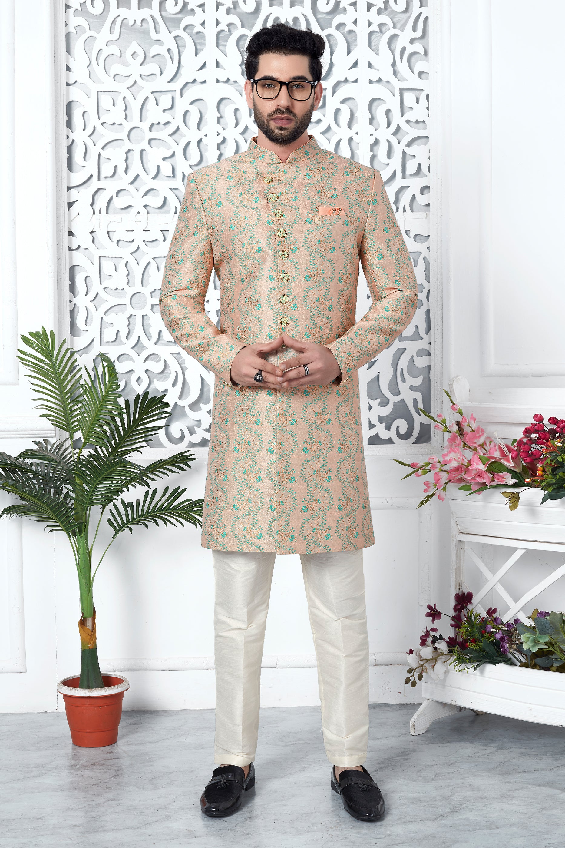 Peach Jacquard Silk Kurta Pajama-SAR11424_3_SareeButa.com