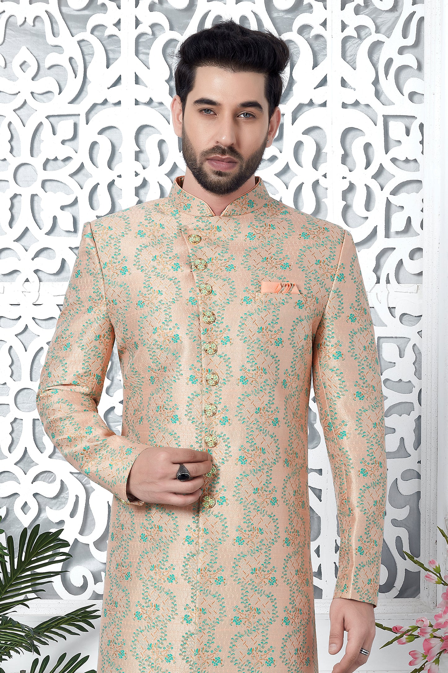 Peach Jacquard Silk Kurta Pajama-SAR11424_4_SareeButa.com