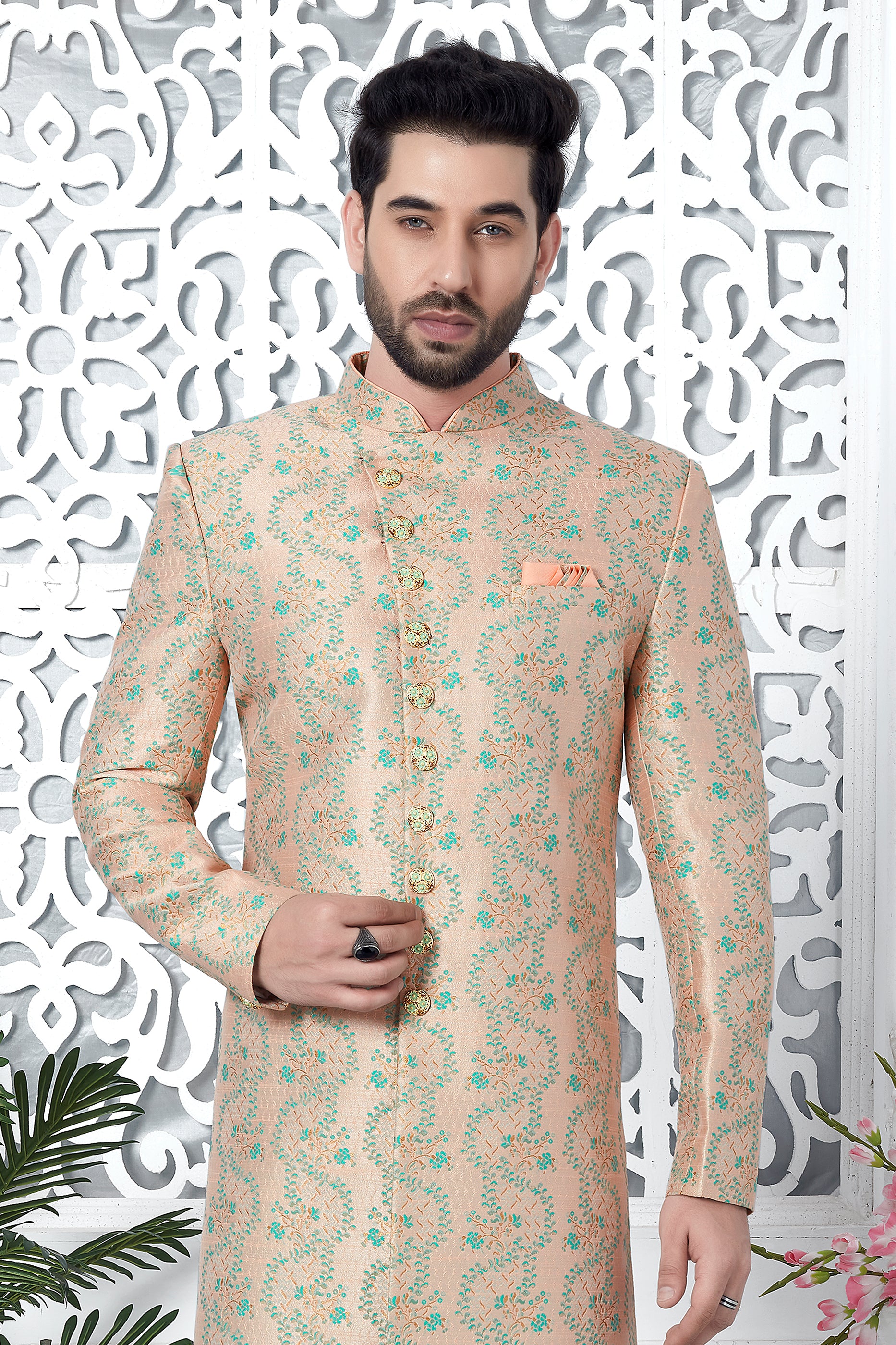 Peach Jacquard Silk Kurta Pajama-SAR11424_4_SareeButa.com