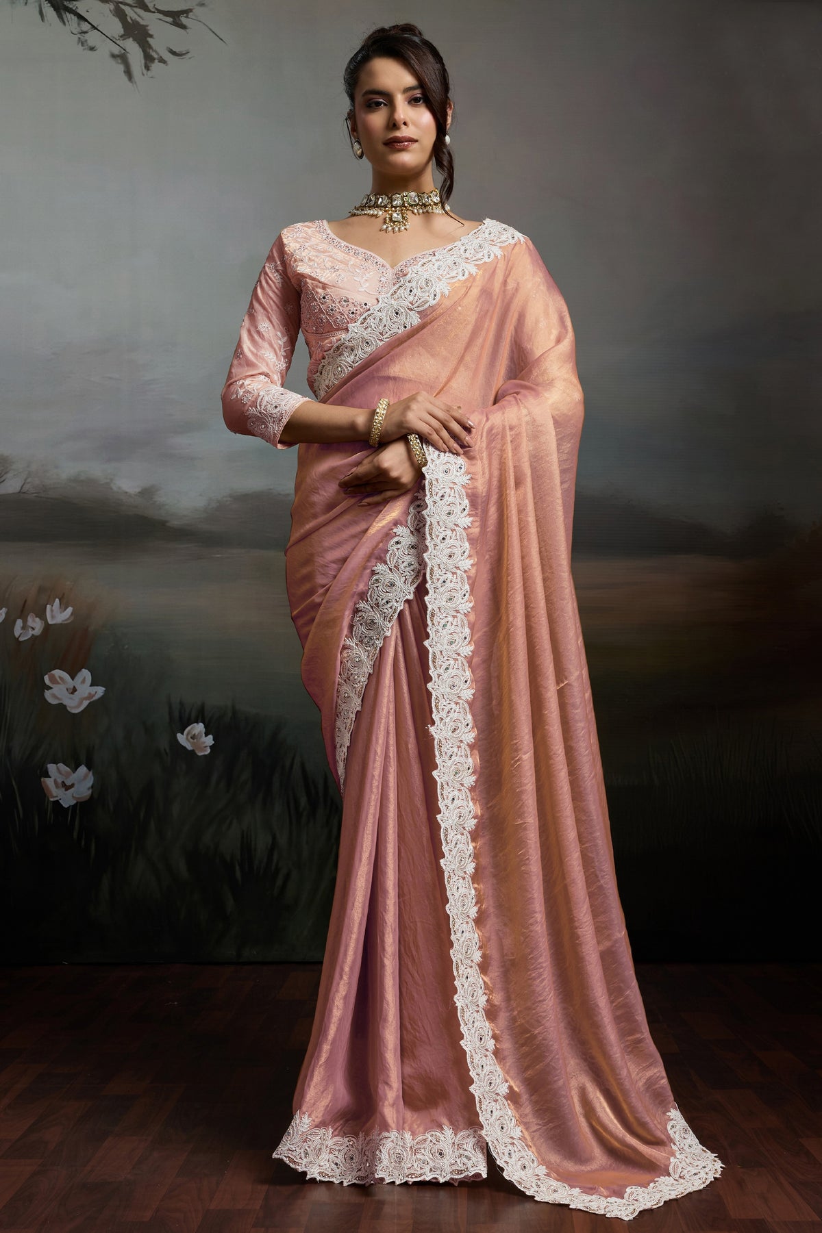 Peach Metallic Satin Velvet Saree-SAR12922_1_SareeButa.com