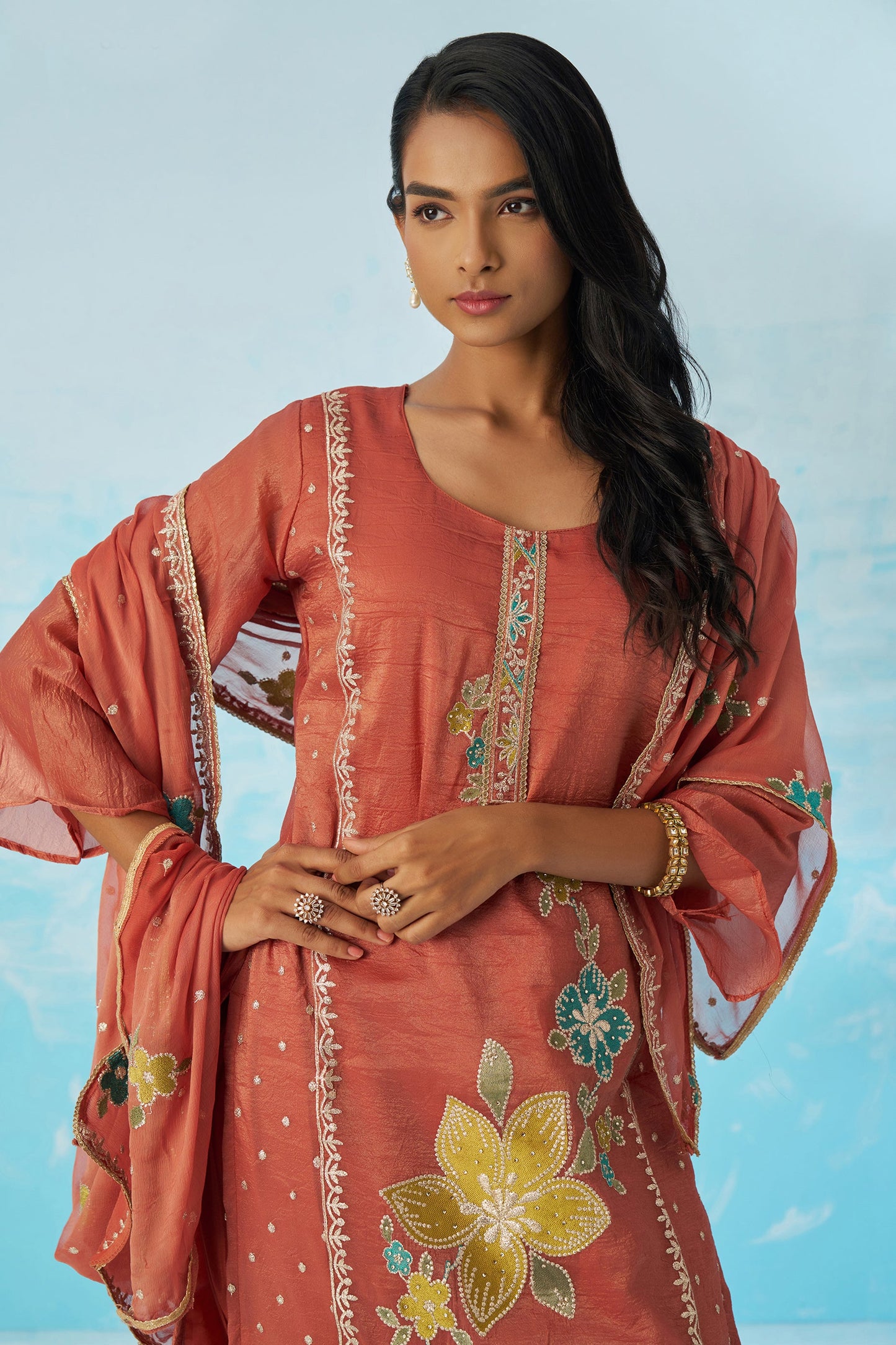Peach Orange Readymade Embroidered Silk Suit-SAR11644_2_SareeButa.com