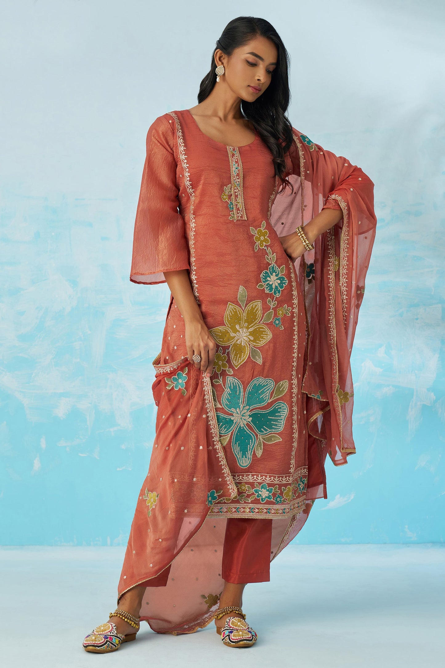 Peach Orange Readymade Embroidered Silk Suit-SAR11644_3_SareeButa.com
