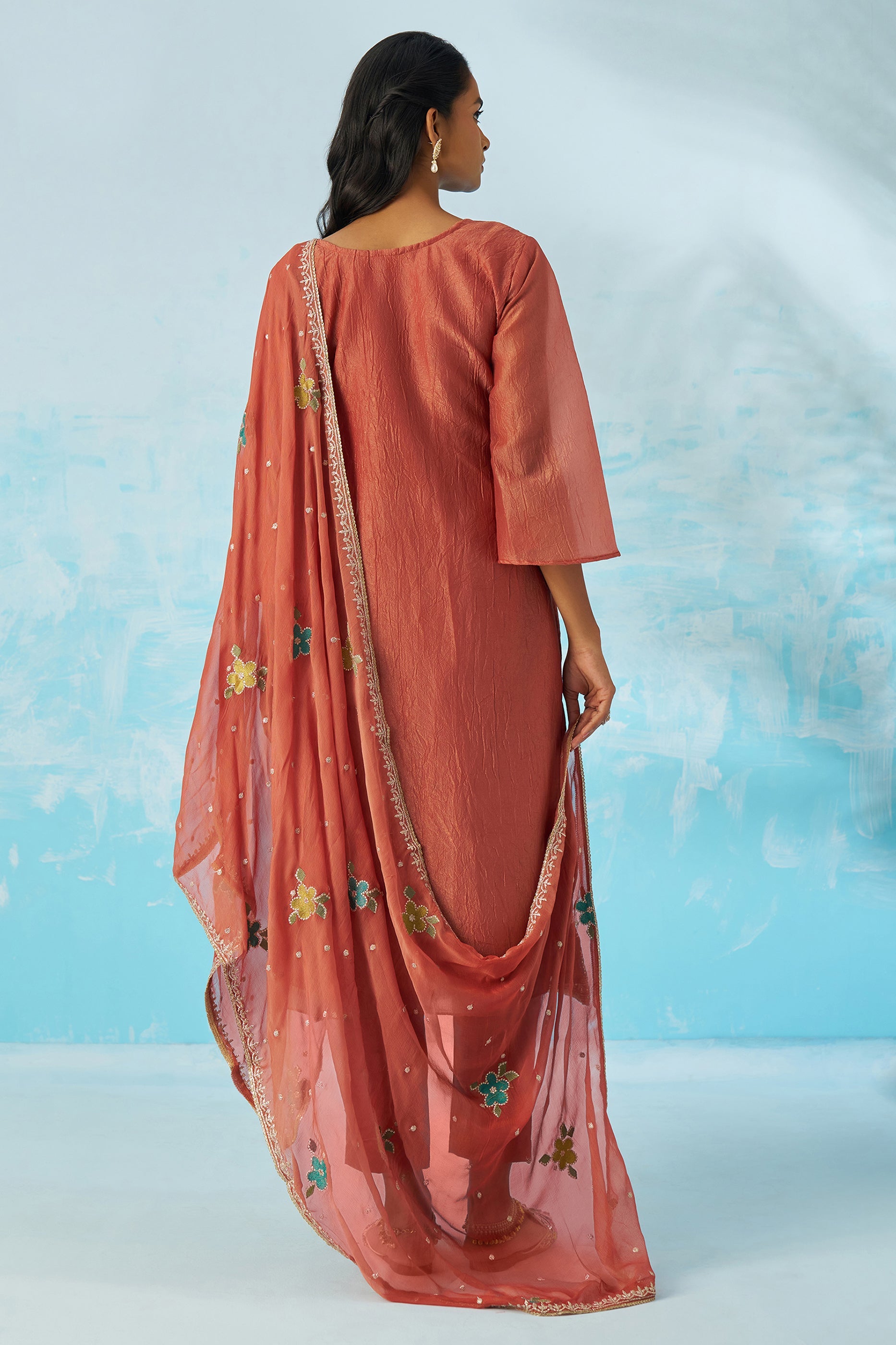Peach Orange Readymade Embroidered Silk Suit-SAR11644_4_SareeButa.com