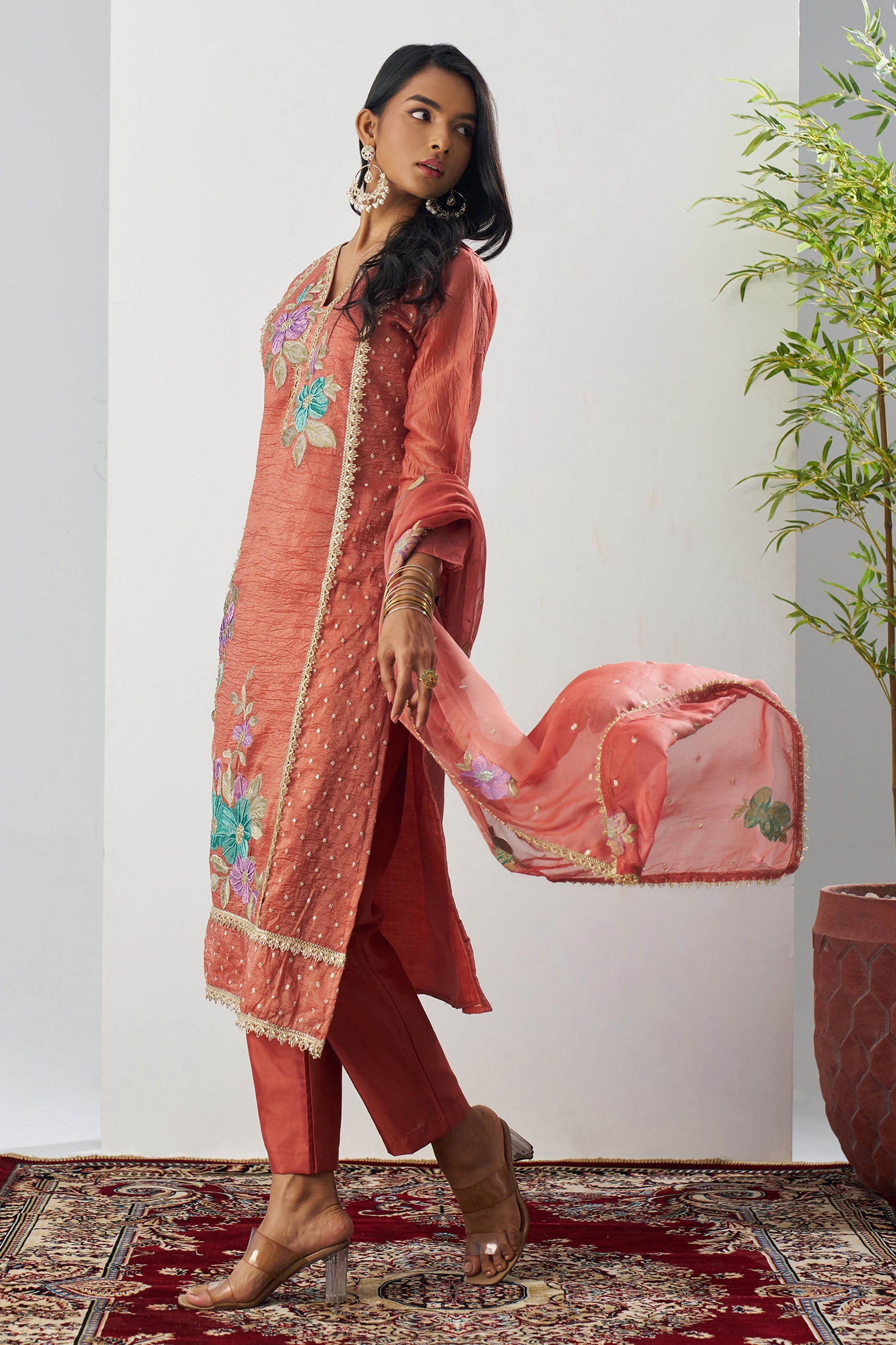 Peach Orange Readymade Embroidered Silk Suit-SAR11651_3_SareeButa.com