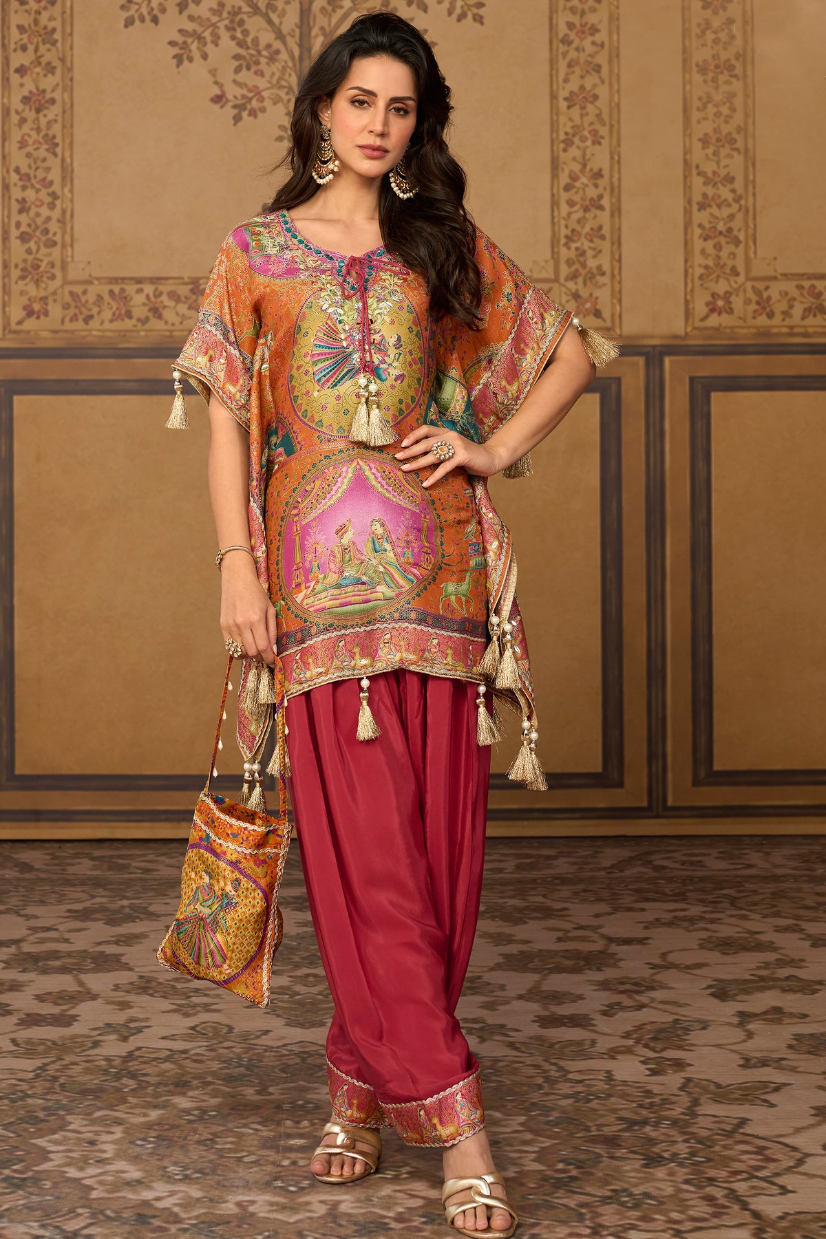 Peach Orange & Wine Mirror Work Viscose Silk Kaftan-SAR13569_1_SareeButa.com